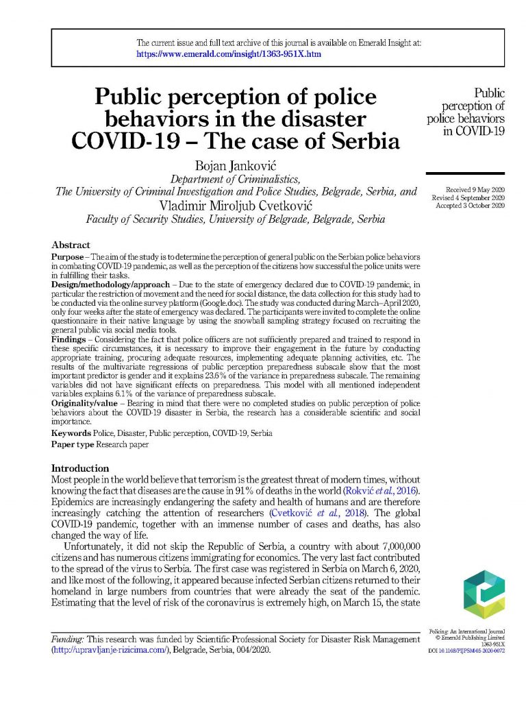 Read more about the article Public perception of police behaviors in the disaster COVID-19 – the Case of Serbia