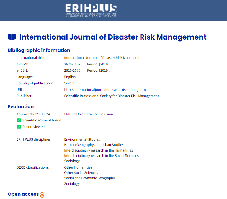 Read more about the article International Journal of Disaster Risk Management uvršćen na ERIH PLUS prestižnu listu