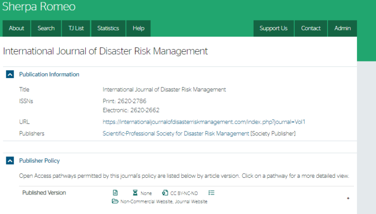 Read more about the article International Journal of Disaster Risk Management – baza podataka – Sherpa Romeo