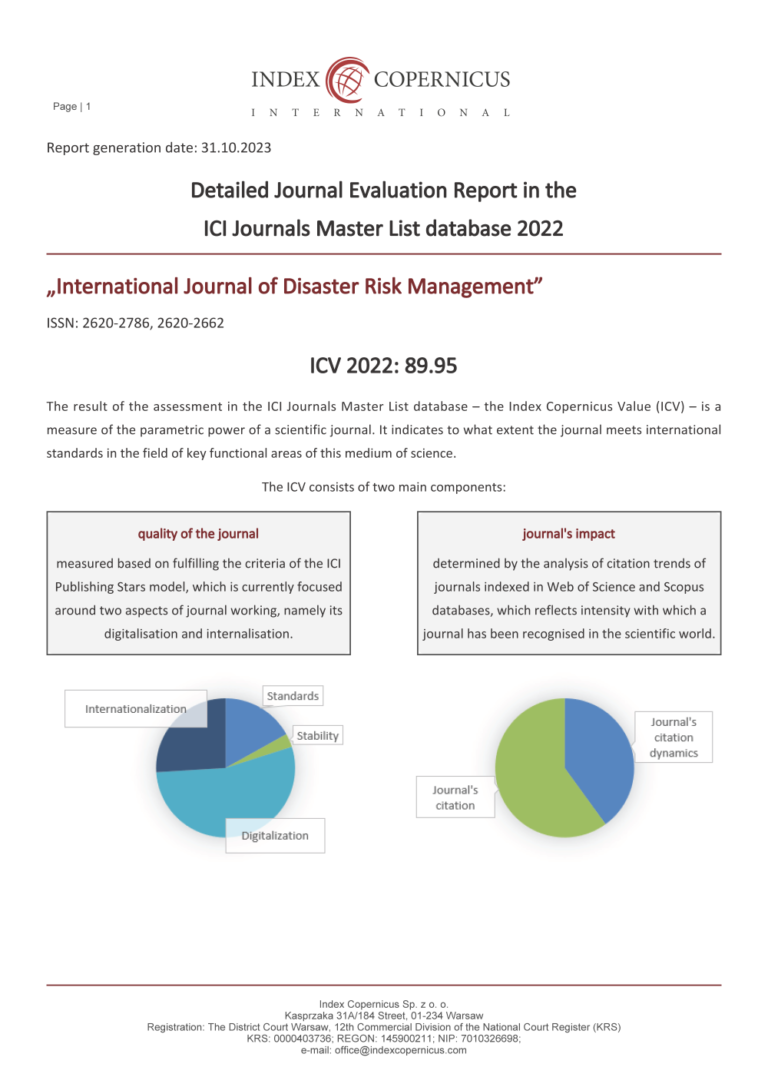 Međunarodni časopis (International Journal of Disaster Risk Management) indeksiran u bazi podataka ,,ICI Journals Master List" za 2022. godinu!