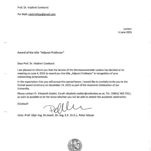 President of SPS-DRM appointed to the academic title of Adjunct Professor at the Technical University of Leoben, Austria.